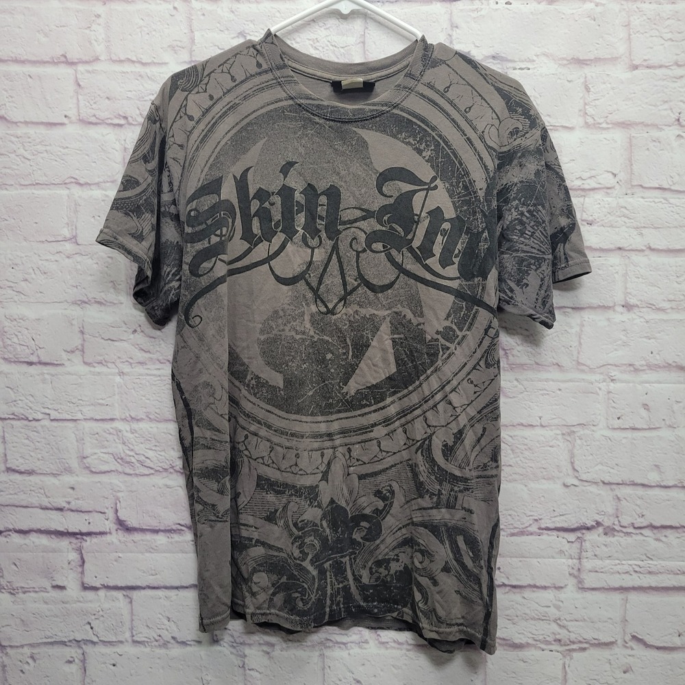 VTG Skin Industries Graphic Tshirt Mens M Skater Grunge Goth Biker Gray‎ AOP Y2K